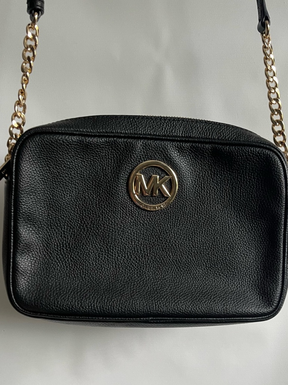 Michael Kors Black Pebbled Leather Crossbody with Gold-Tone MK Emblem